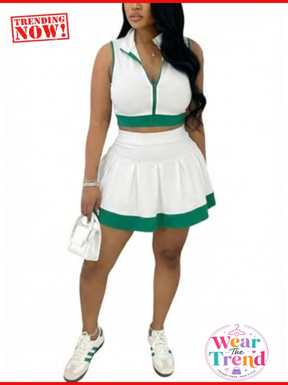 Women's 2 Piece Skirt Set Sleeveless Zip Crop Top Pleated Tennis Skirt
